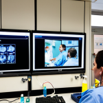 **

A bustling emergency room scene in a Madrid hospital. A trauma team, led by a doctor, is preparing equipment based on information relayed from EMTs (Técnicos en Emergencias Sanitarias) on scene. The EMTs are visible on a screen via telemedicine, reporting patient conditions clearly and concisely. Focus on the coordination and anticipation, reflecting the life-saving impact of good communication. The overall tone should be urgent but organized.

**