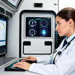 A highly competent adult professional Emergency Medical Technician (TES) in a clean, modern ambulance, confidently operating advanced medical equipment with a focused expression. The technician is wearing a pristine, fully buttoned professional uniform, fully clothed, modest clothing, and appropriate attire. The interior of the ambulance features sleek, high-tech monitors displaying vital signs and potential telemedicine data, highlighting the integration of technology. The pose is natural and professional, conveying expertise and calm under pressure. Perfect anatomy, correct proportions, well-formed hands, proper finger count, natural body proportions. Professional photography, high quality, safe for work, appropriate content, professional dress.
