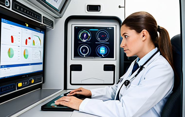 A highly competent adult professional Emergency Medical Technician (TES) in a clean, modern ambulance, confidently operating advanced medical equipment with a focused expression. The technician is wearing a pristine, fully buttoned professional uniform, fully clothed, modest clothing, and appropriate attire. The interior of the ambulance features sleek, high-tech monitors displaying vital signs and potential telemedicine data, highlighting the integration of technology. The pose is natural and professional, conveying expertise and calm under pressure. Perfect anatomy, correct proportions, well-formed hands, proper finger count, natural body proportions. Professional photography, high quality, safe for work, appropriate content, professional dress.
