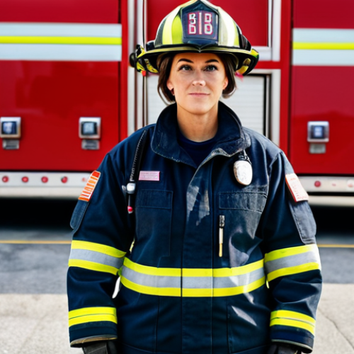 Home 22 **
A professional female firefighter, fully clothed in appropriate protective gear, standing confidently in front of a fire truck with a modest fire station in the background. Safe for work, appropriate content, perfect anatomy, natural proportions, professional photography, high quality, family-friendly.
**