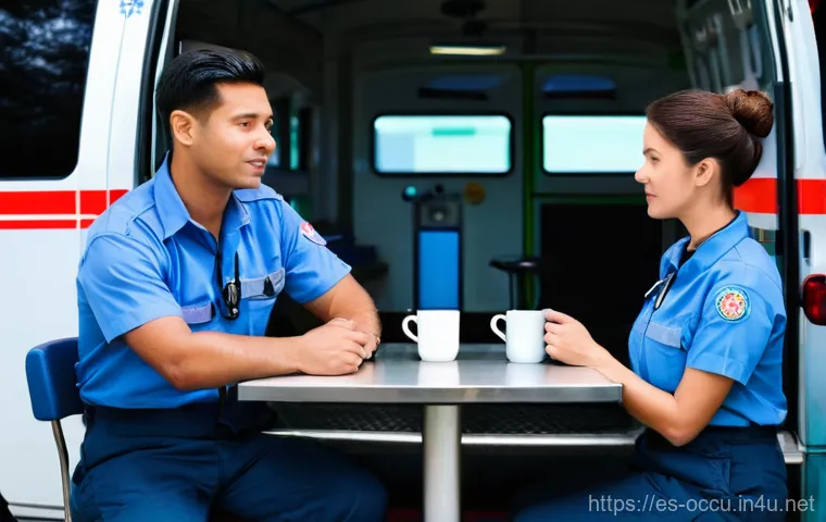 응급구조사 커뮤니티 활동 - **Prompt 1: Silent Connection and Shared Understanding**
    "Two paramedics, one male and one femal...