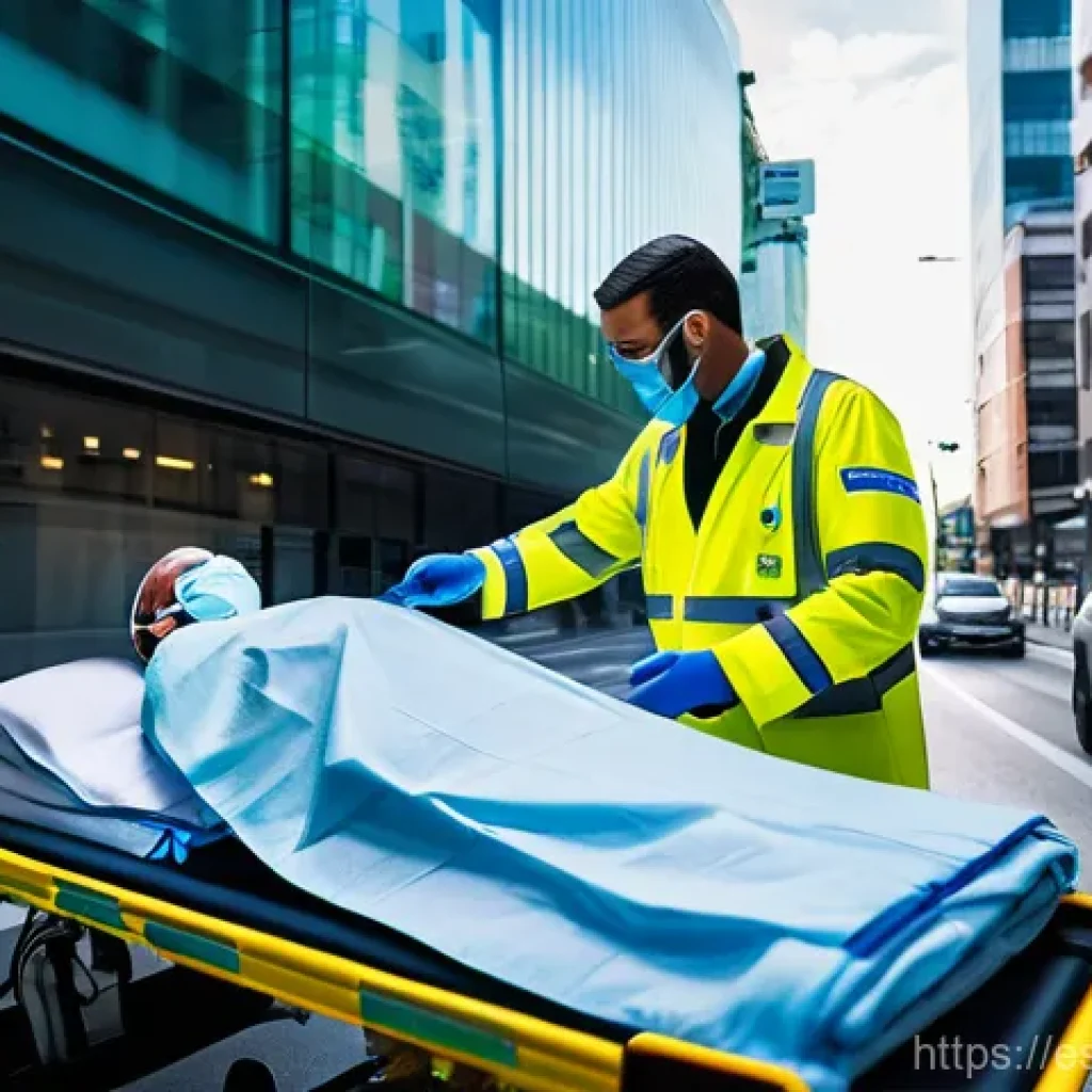 응급구조사와 응급통신 시스템 - **Prompt:** A dynamic, wide-angle shot of a highly advanced emergency medical team in Madrid, Spain,...