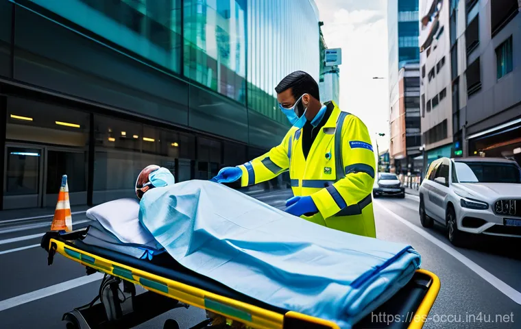 응급구조사와 응급통신 시스템 - **Prompt:** A dynamic, wide-angle shot of a highly advanced emergency medical team in Madrid, Spain,...