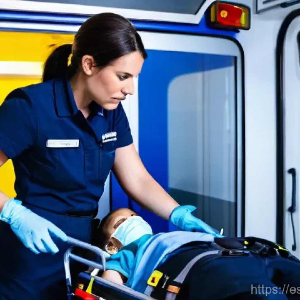 응급구조사와 응급전문팀 구성 - **Prompt:** A highly detailed and realistic image of a female paramedic in her late 20s, with a dete...