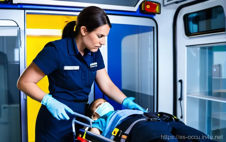 응급구조사와 응급전문팀 구성 - **Prompt:** A highly detailed and realistic image of a female paramedic in her late 20s, with a dete...