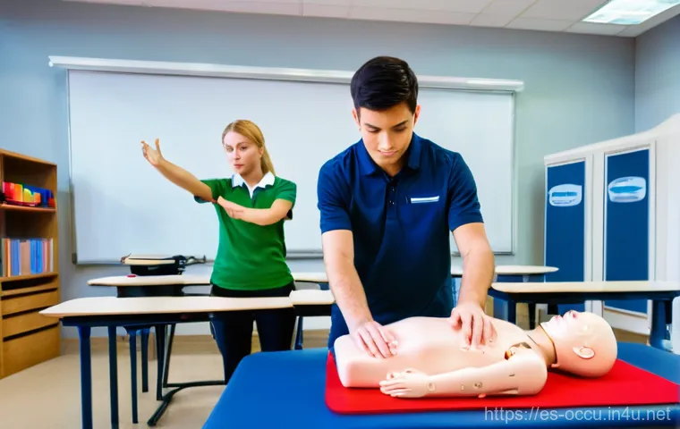 응급구조사 CPR 실습 - **"CPR Training Basics: Focused Learning Session"**
A brightly lit classroom scene where a diver...