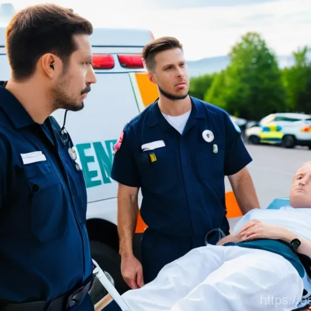 응급구조사와 법적 책임 - **Informed Consent in Crisis:** A male paramedic and a female EMT, both wearing their standard, clea...
