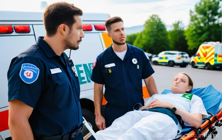 응급구조사와 법적 책임 - **Informed Consent in Crisis:** A male paramedic and a female EMT, both wearing their standard, clea...