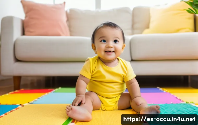 응급구조사와 의료 데이터 활용 - **Prompt:** A cheerful toddler, wearing a bright yellow diaper, sits on a colorful playmat surrounde...