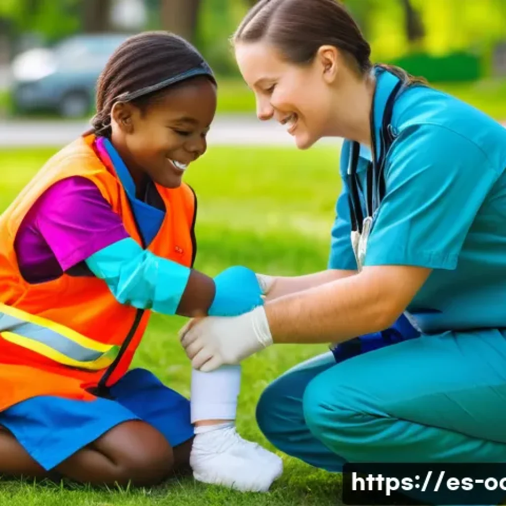 응급구조사 출동 시스템 자동화 - **Prompt:** "A paramedic, wearing a professional uniform, kneels beside a young child (approximately...