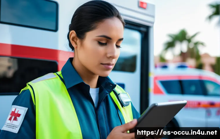 응급구조사와 환자 기록법 - A professional emergency medical technician (EMT) in a Spanish-speaking urban setting, wearing a cle...