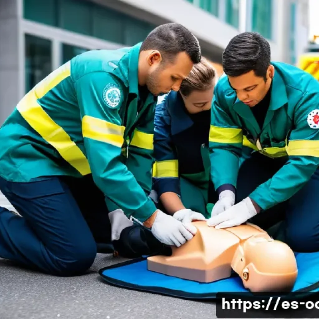 응급구조사 논문 리뷰 - A detailed scene showing a diverse team of emergency medical technicians performing continuous chest...