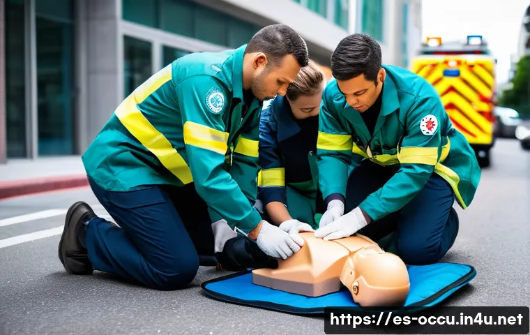응급구조사 논문 리뷰 - A detailed scene showing a diverse team of emergency medical technicians performing continuous chest...