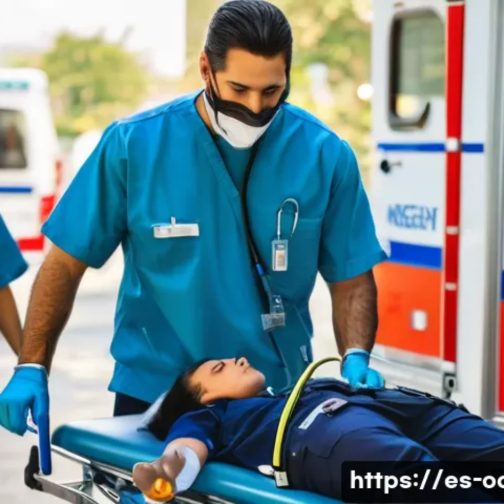 응급구조사 연봉 평균 - A professional emergency medical technician (EMT) in a bustling urban hospital in Mexico City, weari...