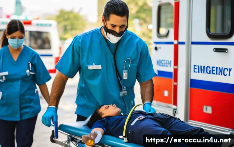 응급구조사 연봉 평균 - A professional emergency medical technician (EMT) in a bustling urban hospital in Mexico City, weari...