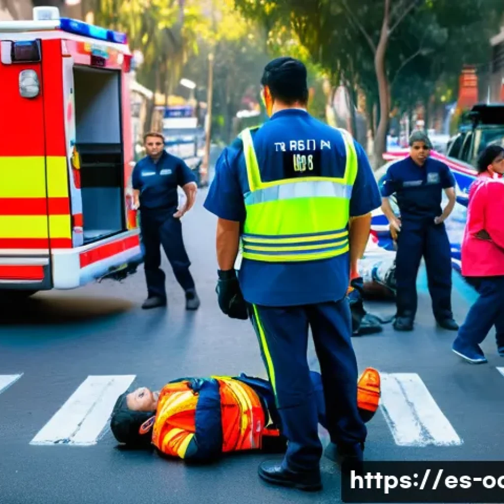 응급구조사 출동 사례 - A highly detailed scene of a paramedic technician arriving at a chaotic traffic accident site in a s...