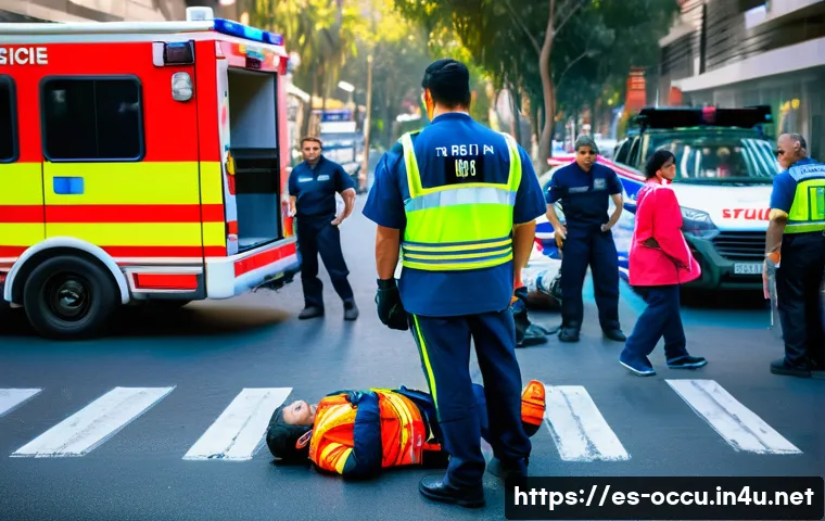 응급구조사 출동 사례 - A highly detailed scene of a paramedic technician arriving at a chaotic traffic accident site in a s...
