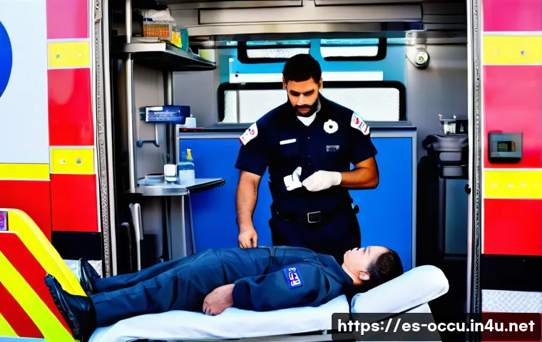 응급구조사 자격증 관련 법령 - A professional emergency medical technician (EMT) wearing official uniform with visible badges and i...