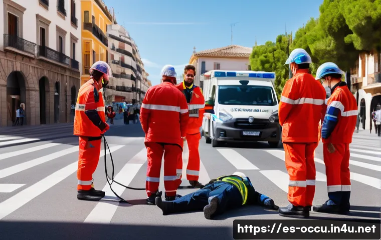 응급구조사와 응급콜센터 - A detailed scene of emergency medical responders in Spain performing rapid on-site assessment during...