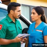 응급구조사와 환자 가족 소통 - A calm and professional paramedic in a modern ambulance uniform, speaking gently to a worried Hispan...