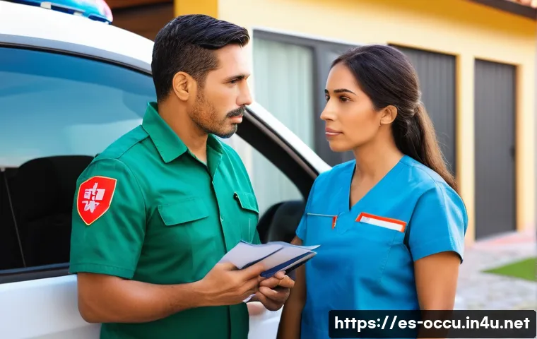 응급구조사와 환자 가족 소통 - A calm and professional paramedic in a modern ambulance uniform, speaking gently to a worried Hispan...