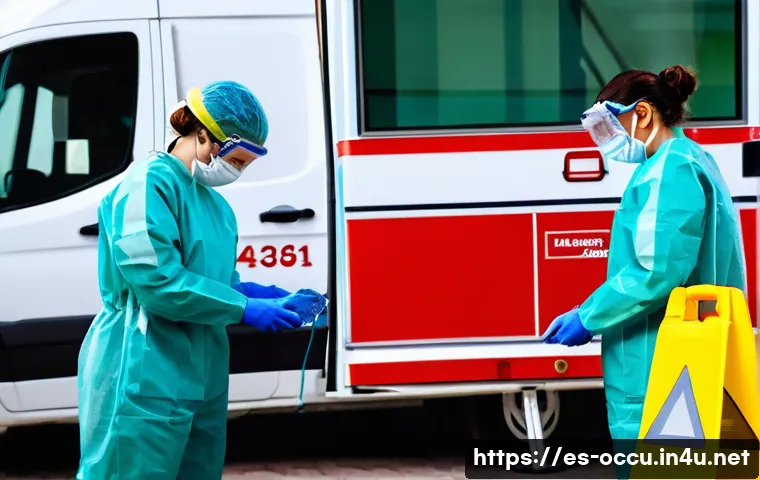 응급구조사와 2차 감염 방지 - A detailed scene of emergency medical technicians (EMTs) working in an outdoor urban emergency setti...