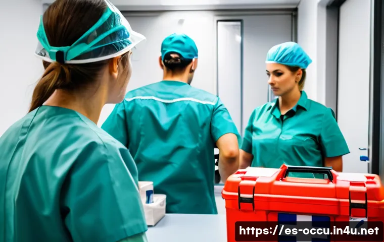 응급구조사와 출동 준비 과정 - A detailed scene of a Spanish emergency medical team conducting a thorough equipment check before de...