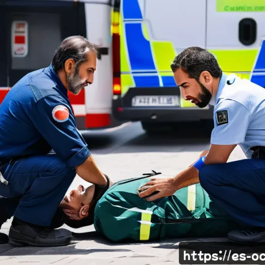 응급구조사와 심리 상담 프로그램 - A realistic urban emergency scene in a Spanish-speaking city featuring a paramedic team attending to...