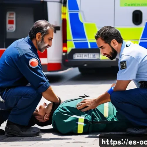 응급구조사와 심리 상담 프로그램 - A realistic urban emergency scene in a Spanish-speaking city featuring a paramedic team attending to...