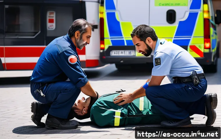 응급구조사와 심리 상담 프로그램 - A realistic urban emergency scene in a Spanish-speaking city featuring a paramedic team attending to...