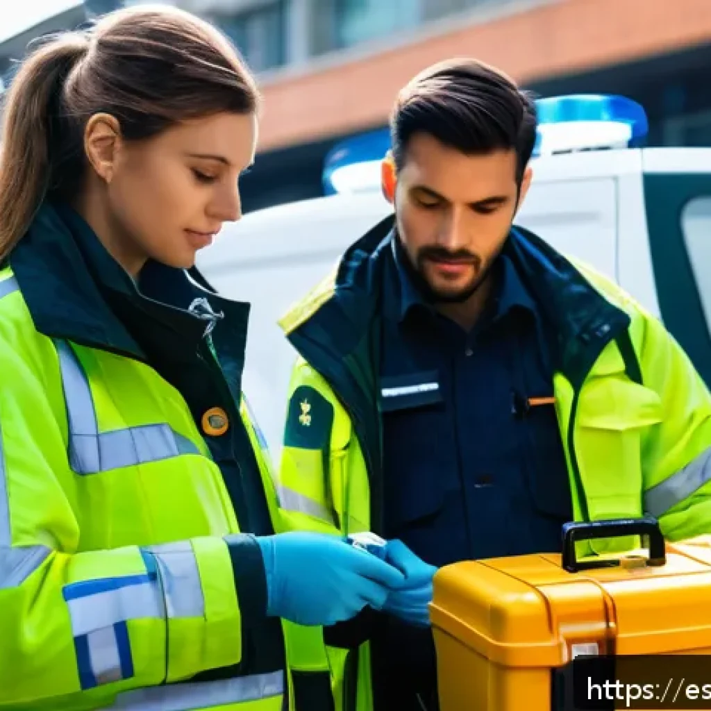 응급구조사와 출동 간 신속 대처법 - A detailed scene of a paramedic team conducting a pre-shift equipment check in an urban ambulance ba...