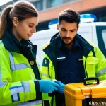 응급구조사와 출동 간 신속 대처법 - A detailed scene of a paramedic team conducting a pre-shift equipment check in an urban ambulance ba...
