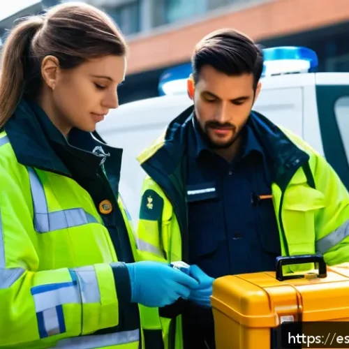 응급구조사와 출동 간 신속 대처법 - A detailed scene of a paramedic team conducting a pre-shift equipment check in an urban ambulance ba...