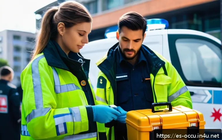 응급구조사와 출동 간 신속 대처법 - A detailed scene of a paramedic team conducting a pre-shift equipment check in an urban ambulance ba...