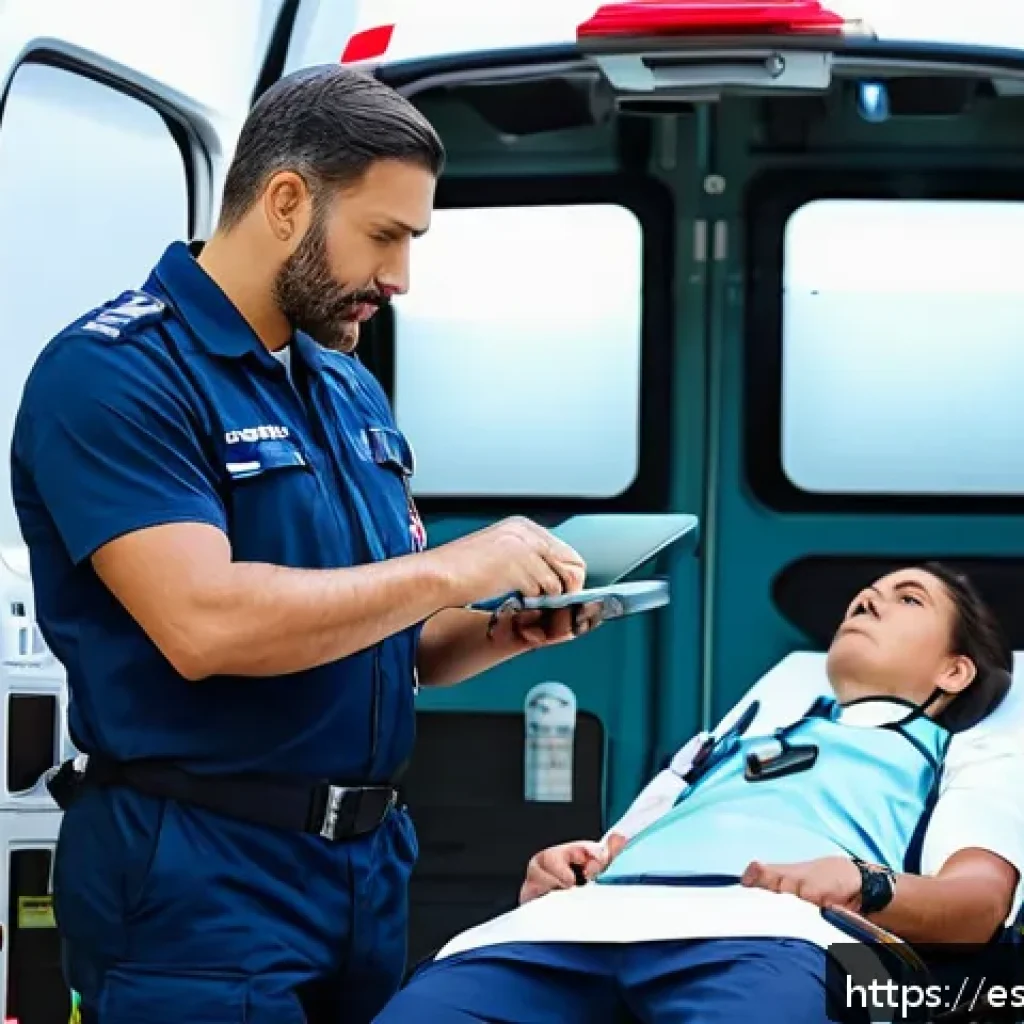 응급구조사 법률 지식 - A professional emergency medical technician (EMT) in a modern Spanish ambulance, wearing a full unif...