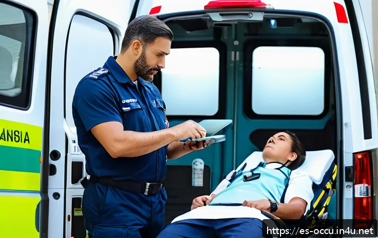 응급구조사 법률 지식 - A professional emergency medical technician (EMT) in a modern Spanish ambulance, wearing a full unif...