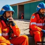 응급구조사와 구조 후 스트레스 관리 - A professional emergency rescue team taking a short break after a high-intensity operation, sitting ...