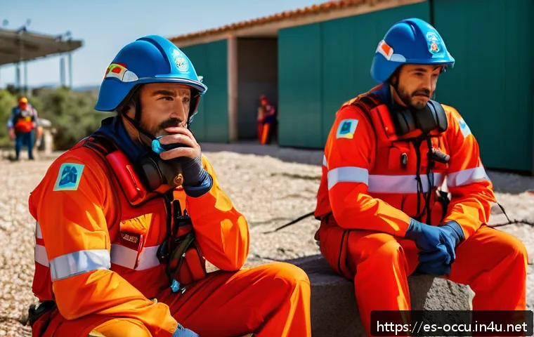 응급구조사와 구조 후 스트레스 관리 - A professional emergency rescue team taking a short break after a high-intensity operation, sitting ...