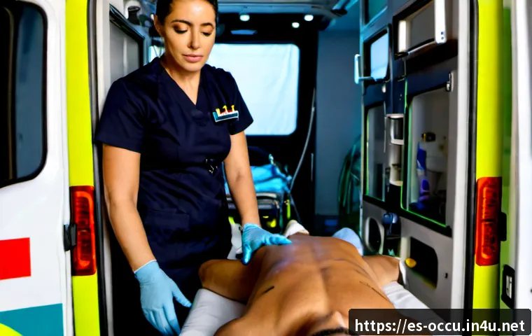 응급구조사와 생존율 향상 - Photorealistic emergency medical technician in a modern Spanish urban ambulance, carefully monitorin...