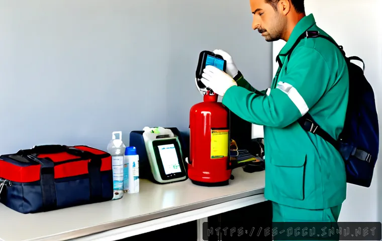 응급구조사 출동 준비물 체크리스트 - Photorealistic emergency medical responder preparing for a call in a clean Spanish ambulance station...
