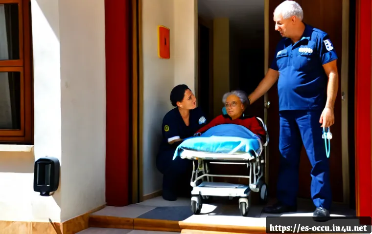 응급구조사와 다문화 출동 사례 - Photorealistic emergency medical responders assisting a multicultural family in a sunlit apartment i...