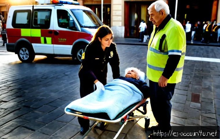 응급구조사와 시민 협력 사례 - Photorealistic emergency response scene in a Spanish city plaza, a uniformed paramedic calmly coordi...