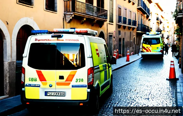 응급구조사 근무 지역별 주요 특징 - Photorealistic emergency medical technician team responding in a dense historic Spanish city center,...