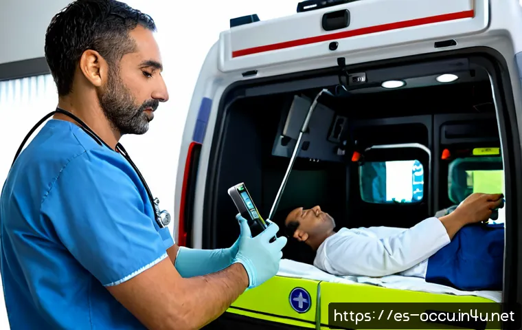 응급구조사와 신규 장비 활용 사례 - Photorealistic emergency medical technician inside a modern Spanish ambulance, carefully using a com...