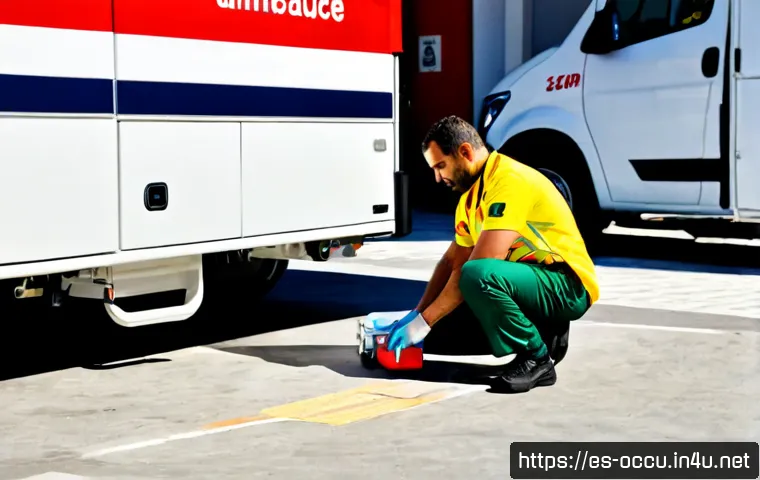 응급구조사 장단점 분석 - Photorealistic emergency medical technician in a clean Spanish urban ambulance station, calmly revie...